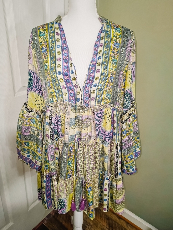 Zury Tops - Zury Silk Blend Patchwork Paisley Tunic Boho Resort Cover Up Tassel Free Size
